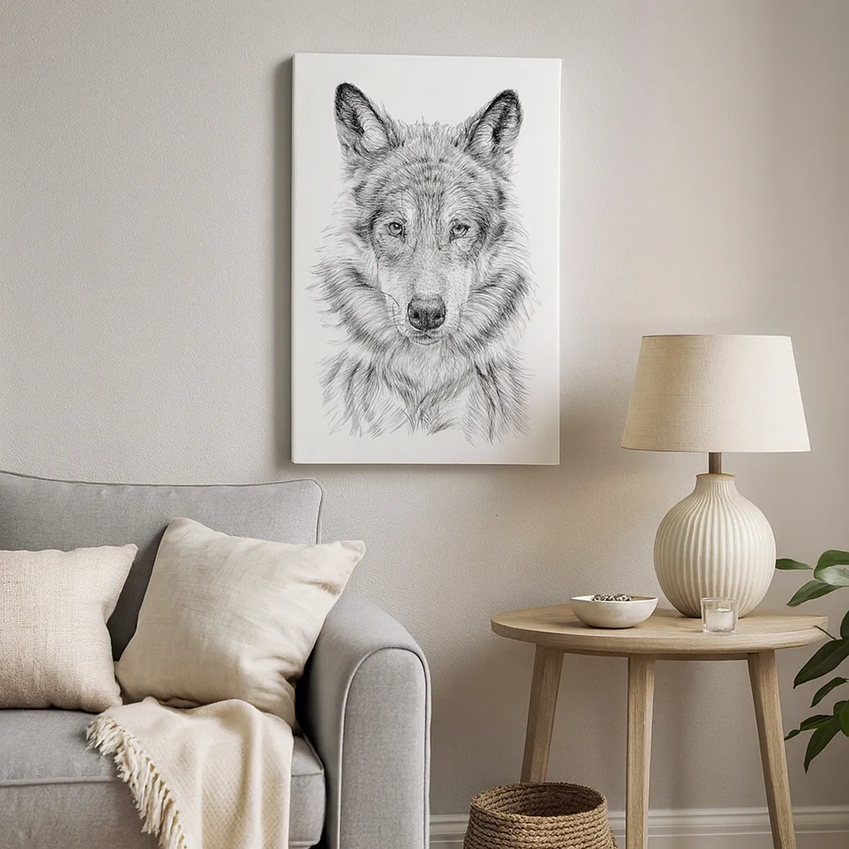 Cuadro sobre lienzo - Impresión de Imagen - Boceto de una cabeza de lobo en estilo monocromático sobre fondo blanco. - 50x70cm - Un líder nato - Decoración de pared moderna para salón y dormitorio ARTTOR