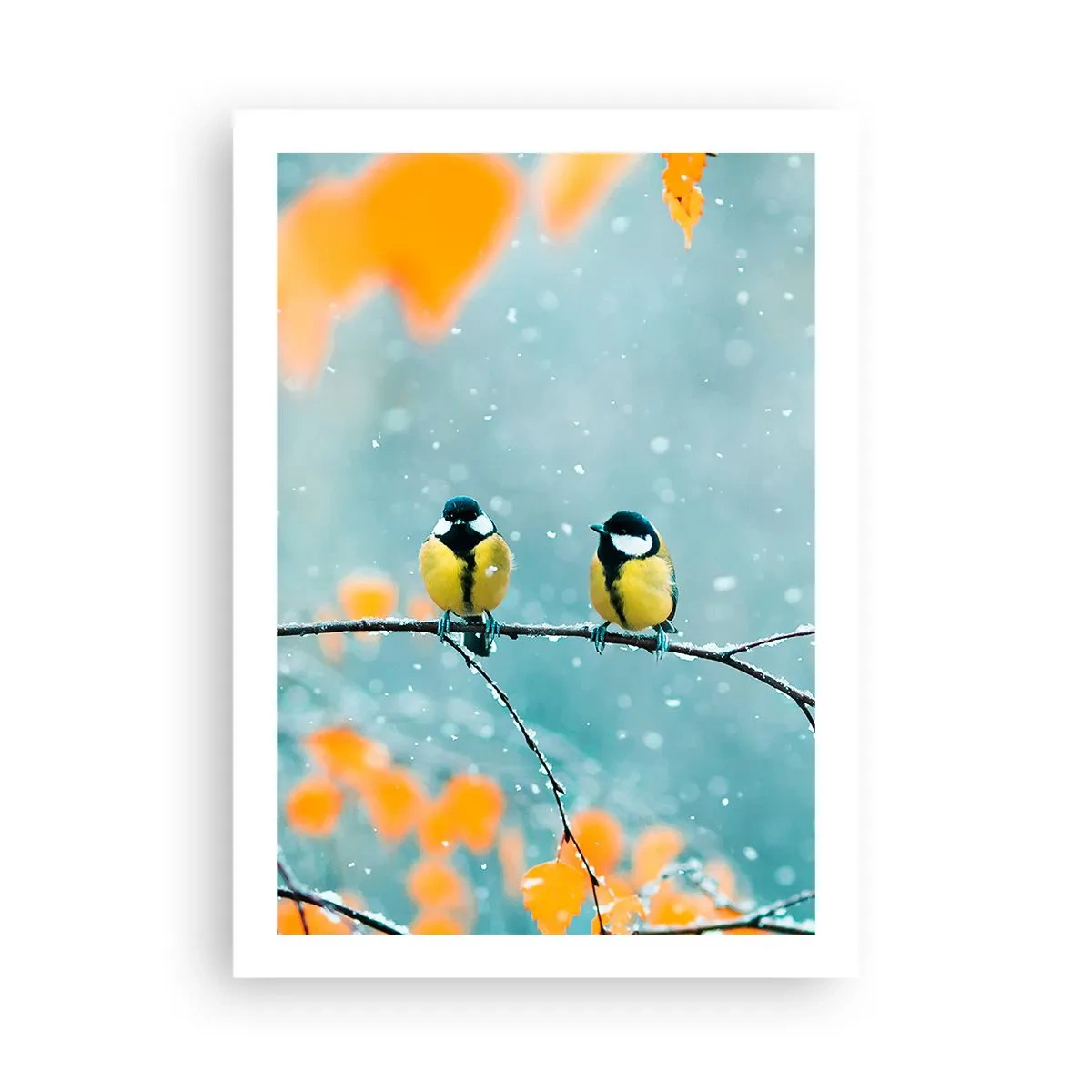 Póster - Dos tetas sentadas en una rama en un paisaje invernal - 50x70cm - Cotilleo de pájaros - Decoración de pared moderna para salón y dormitorio ARTTOR