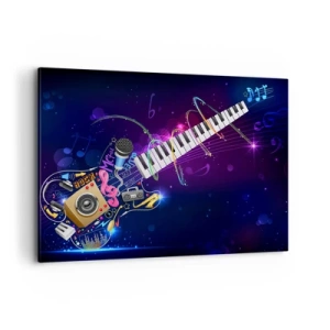 Cuadro sobre lienzo - Impresión de Imagen - Una guitarra colorida con un teclado y un micrófono sobre un fondo oscuro. - 100x70cm - El poder del ritmo - Decoración de pared moderna para salón y dormitorio ARTTOR