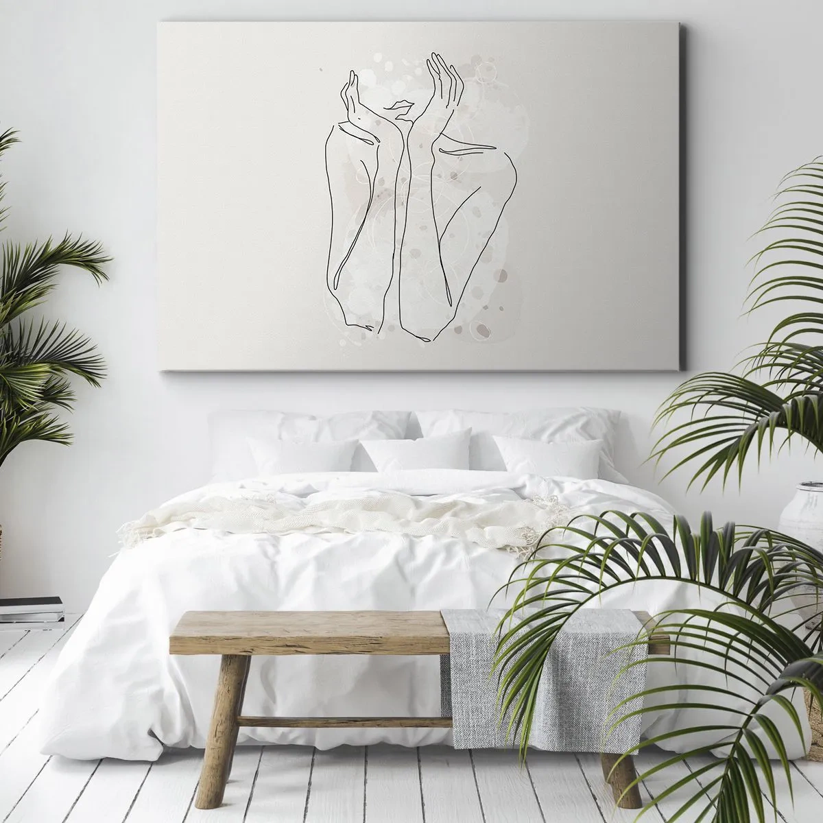 Cuadro sobre lienzo - Impresión de Imagen - Línea de contorno que muestra las manos de una mujer sobre un fondo claro - 70x50cm - Un momento de ensueño - Decoración de pared moderna para salón y dormitorio ARTTOR