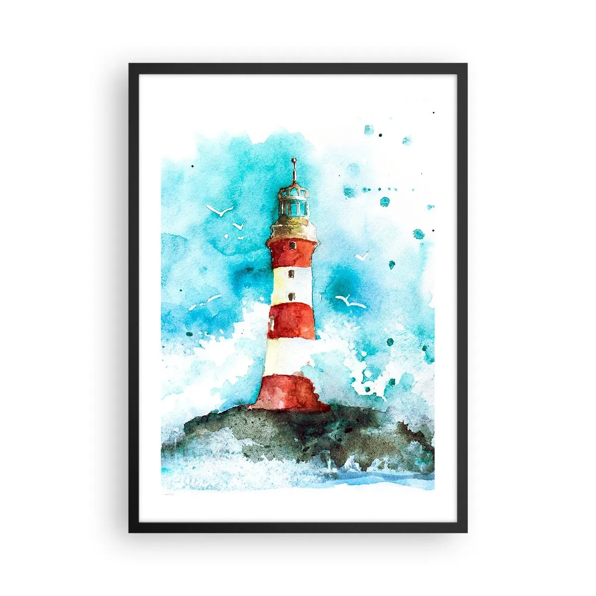 Póster en marco negro - Faro estilo acuarela con olas del mar - 50x70cm - La unidad de los elementos - Decoración de pared moderna para salón y dormitorio ARTTOR