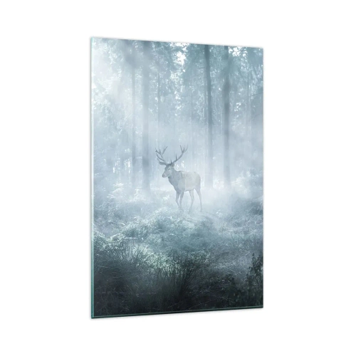 Cuadro sobre vidrio - Impresiones sobre Vidrio - Un ciervo en un bosque denso envuelto en la niebla matutina. - 80x120cm - Ronda matutina por la finca - Decoración de pared moderna para salón y dormitorio ARTTOR