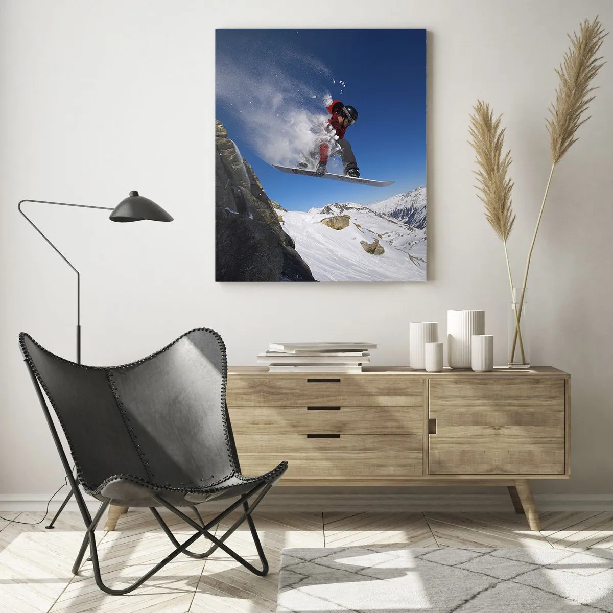 Cuadro sobre vidrio - Impresiones sobre Vidrio - Un snowboarder salta desde una roca frente a un paisaje montañoso. - 80x120cm - Y te convertiste en parte del lugar - Decoración de pared moderna para salón y dormitorio ARTTOR