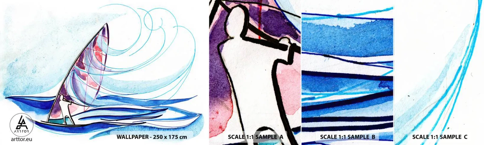 Muestra de fotomural autoadhesivo Deluxe Sticker - Con el viento al ritmo de las olas - Windsurf, Deporte, Mar - 100x30 cm