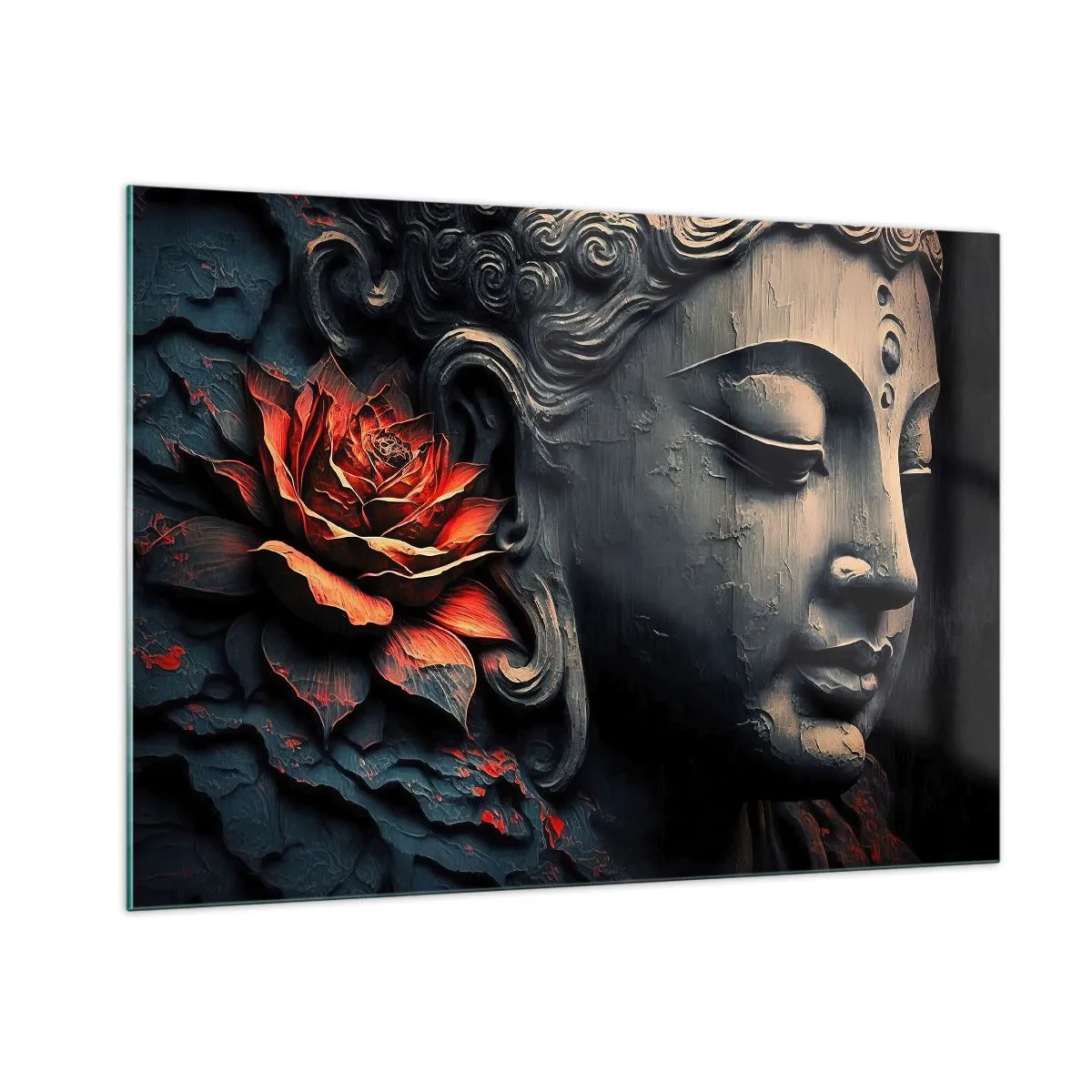 Cuadro sobre vidrio - Impresiones sobre Vidrio - Perfil de una figura meditando con una flor roja sobre un fondo oscuro. - 100x70cm - En sintonía con el mundo - Decoración de pared moderna para salón y dormitorio ARTTOR