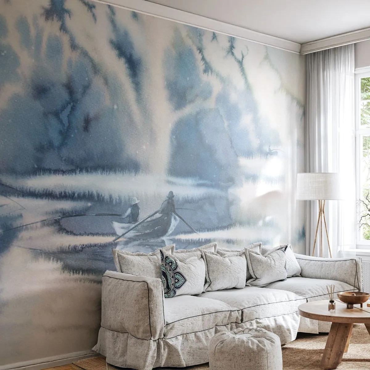 Fotomural Premium Canvas - Paisaje de acuarela con barcos en un lago rodeado de un bosque brumoso. - 100x70cm - Pescadores en su paraíso - Decoración de pared moderna para salón y dormitorio ARTTOR