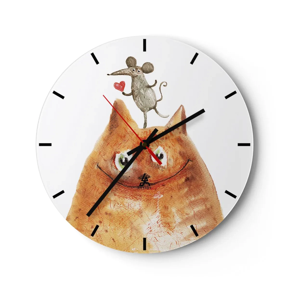 Reloj de pared - Reloj de vidrio - Ilustración de un gato y un ratón con un corazón en estilo humorístico. - 30x30cm - Paradojas del amor - Decoración de pared moderna para salón, cocina y dormitorio ARTTOR