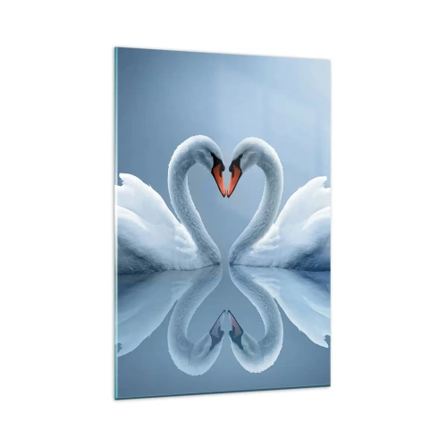 Cuadro sobre vidrio - Impresiones sobre Vidrio - Dos cisnes formando un corazón en una superficie tranquila del agua. - 80x120cm - Tiempo de amor - Decoración de pared moderna para salón y dormitorio ARTTOR