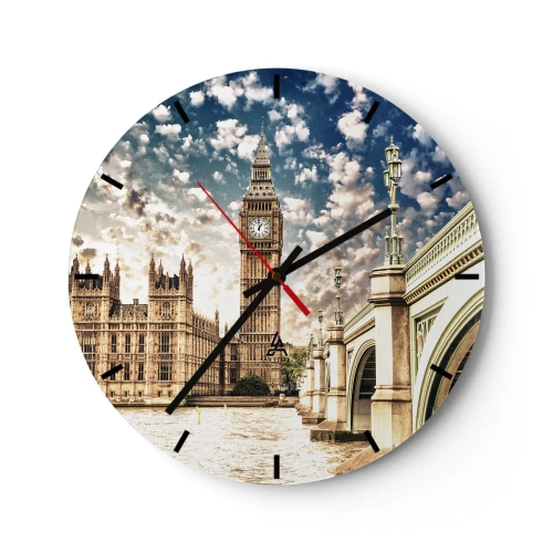 Reloj de pared - Reloj de vidrio - El Big Ben y el puente del Támesis en Londres en un día soleado - 30x30cm - Nubes sobre el Támesis - Decoración de pared moderna para salón, cocina y dormitorio ARTTOR