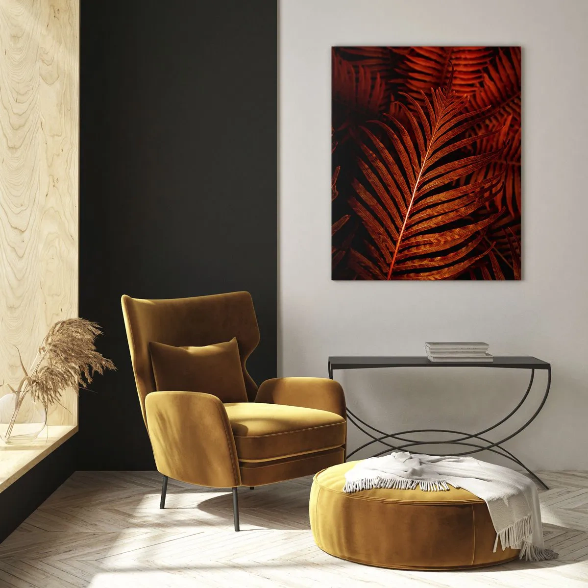 Cuadro sobre vidrio - Impresiones sobre Vidrio - Hojas rojas de una planta tropical sobre un fondo oscuro. - 50x70cm - Las brasas de la vida - Decoración de pared moderna para salón y dormitorio ARTTOR