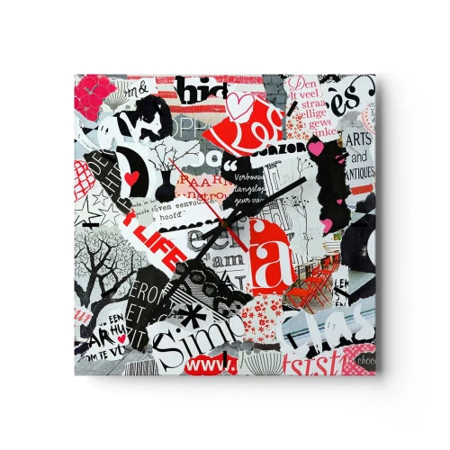 Reloj de pared - Reloj de vidrio - Un collage colorido con inscripciones, corazones y gráficos. - 30x30cm - Collage hipster - Decoración de pared moderna para salón y dormitorio ARTTOR