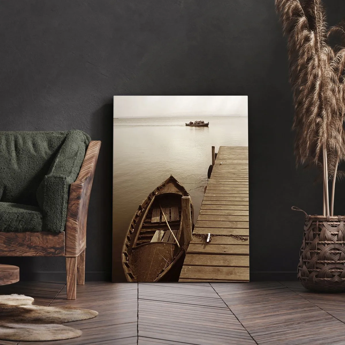 Cuadro sobre lienzo - Impresión de Imagen - Muelle de madera y barco en un lago tranquilo - 50x70cm - La auténtica paz - Decoración de pared moderna para salón y dormitorio ARTTOR