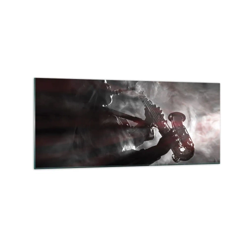Cuadro sobre vidrio - Impresiones sobre Vidrio - Saxofonista en humo en el escenario en negro y rojo atmosférico - 120x50cm - En el vapor del jazz - Decoración de pared moderna para salón y dormitorio ARTTOR