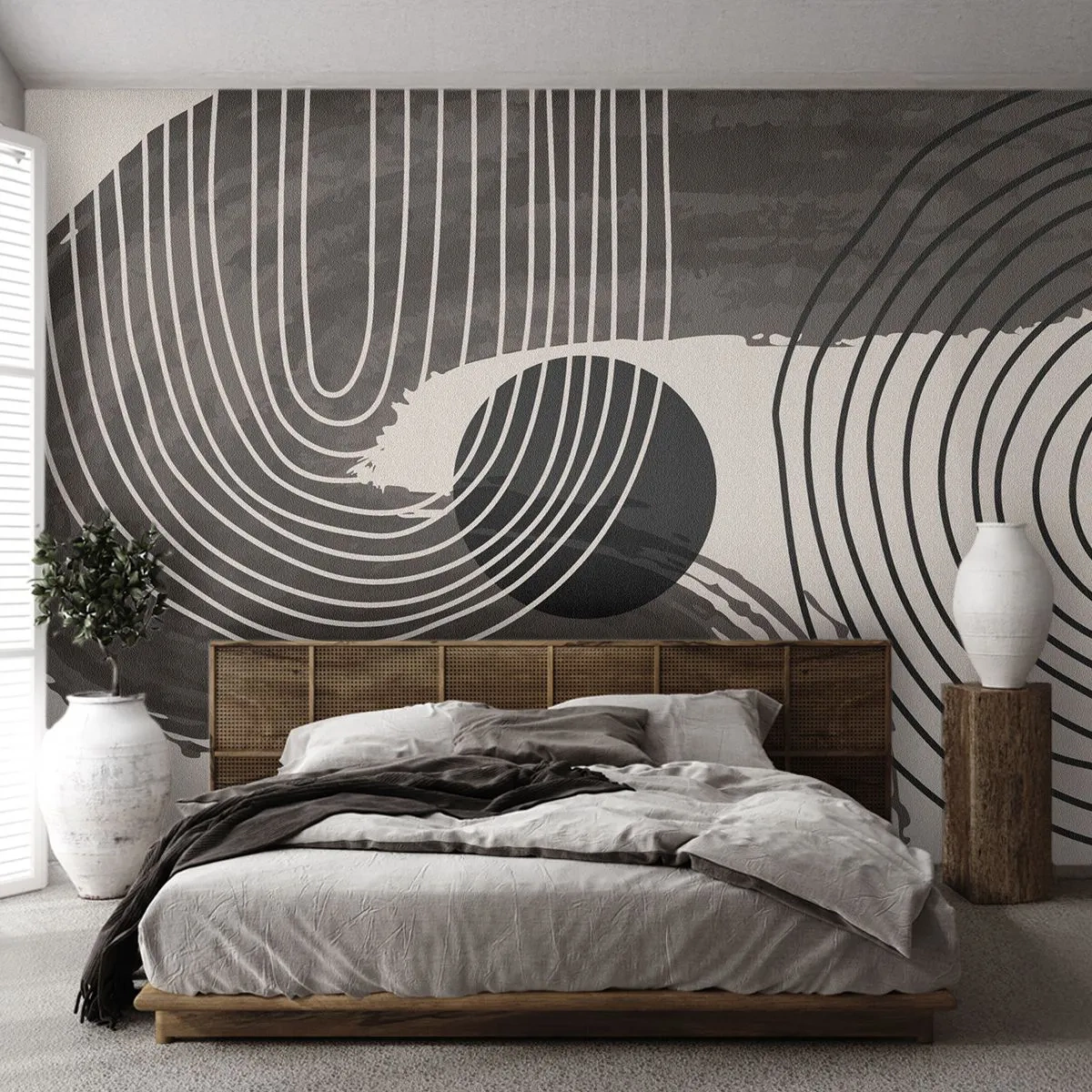 Fotomural Premium Sand - Composición geométrica con un círculo negro y líneas sepia. - 100x70cm - La victoria del óvalo - Decoración de pared moderna para salón y dormitorio ARTTOR