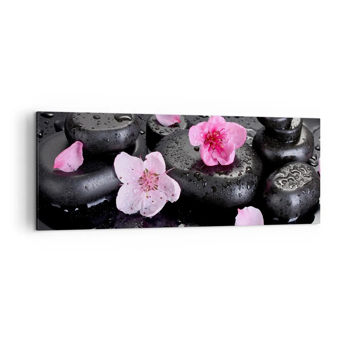 Cuadro sobre lienzo - Impresión de Imagen - Piedras negras y flores rosas estilo spa - 140x50cm - Y una piedra cae del corazón - Decoración de pared moderna para salón y dormitorio ARTTOR
