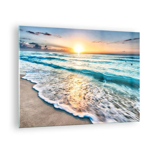 Cuadro sobre vidrio - Impresiones sobre Vidrio - Playa por la mañana con olas y amanecer. - 70x50cm - Un espectáculo digno de ver - Decoración de pared moderna para salón y dormitorio ARTTOR