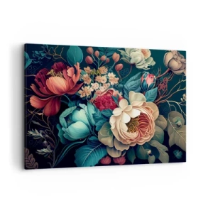 Cuadro sobre lienzo - Impresión de Imagen - Una composición colorida de flores sobre un fondo oscuro. - 100x70cm - Encanto del siglo XIX - Decoración de pared moderna para salón y dormitorio ARTTOR