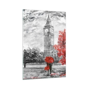 Cuadro sobre vidrio - Impresiones sobre Vidrio - Vista icónica de Londres con el Big Ben, un autobús rojo y un paraguas. - 80x120cm - Un día emocionante - Decoración de pared moderna para salón y dormitorio ARTTOR
