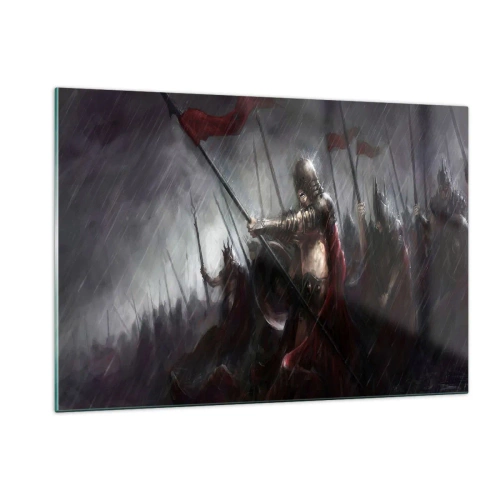 Cuadro sobre vidrio - Impresiones sobre Vidrio - Caballeros bajo la lluvia en el campo de batalla con todo el equipo - 120x80cm - Unidos somos más fuertes - Decoración de pared moderna para salón y dormitorio ARTTOR