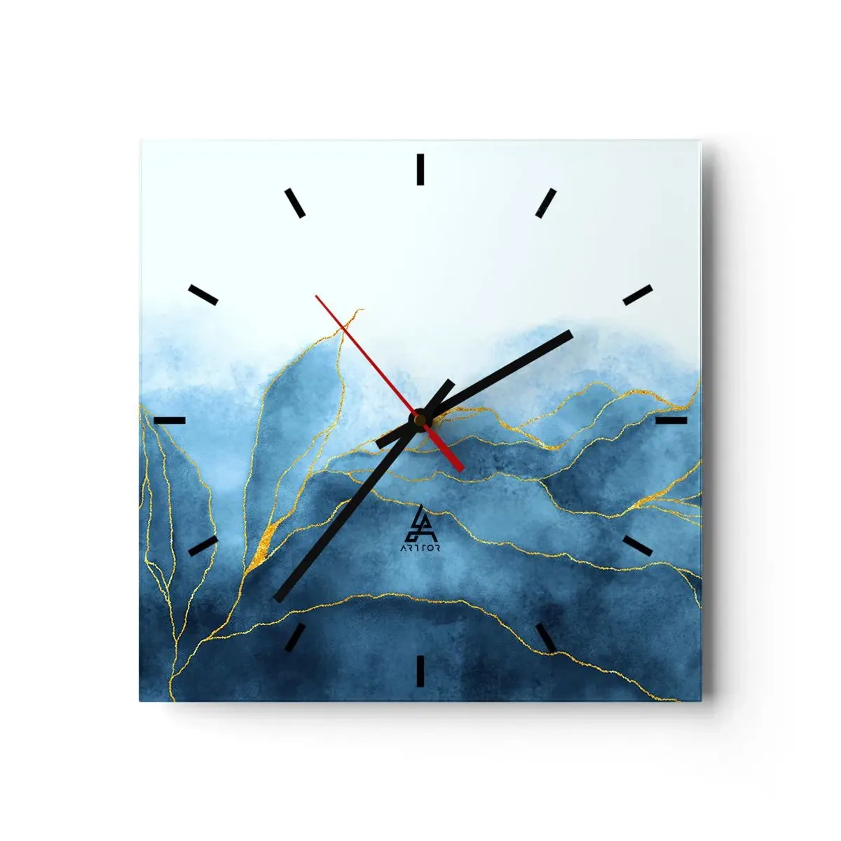 Reloj de pared - Reloj de vidrio - Ondas abstractas en tonos azules con acentos dorados. - 30x30cm - Oro y azul - Decoración de pared moderna para salón y dormitorio ARTTOR