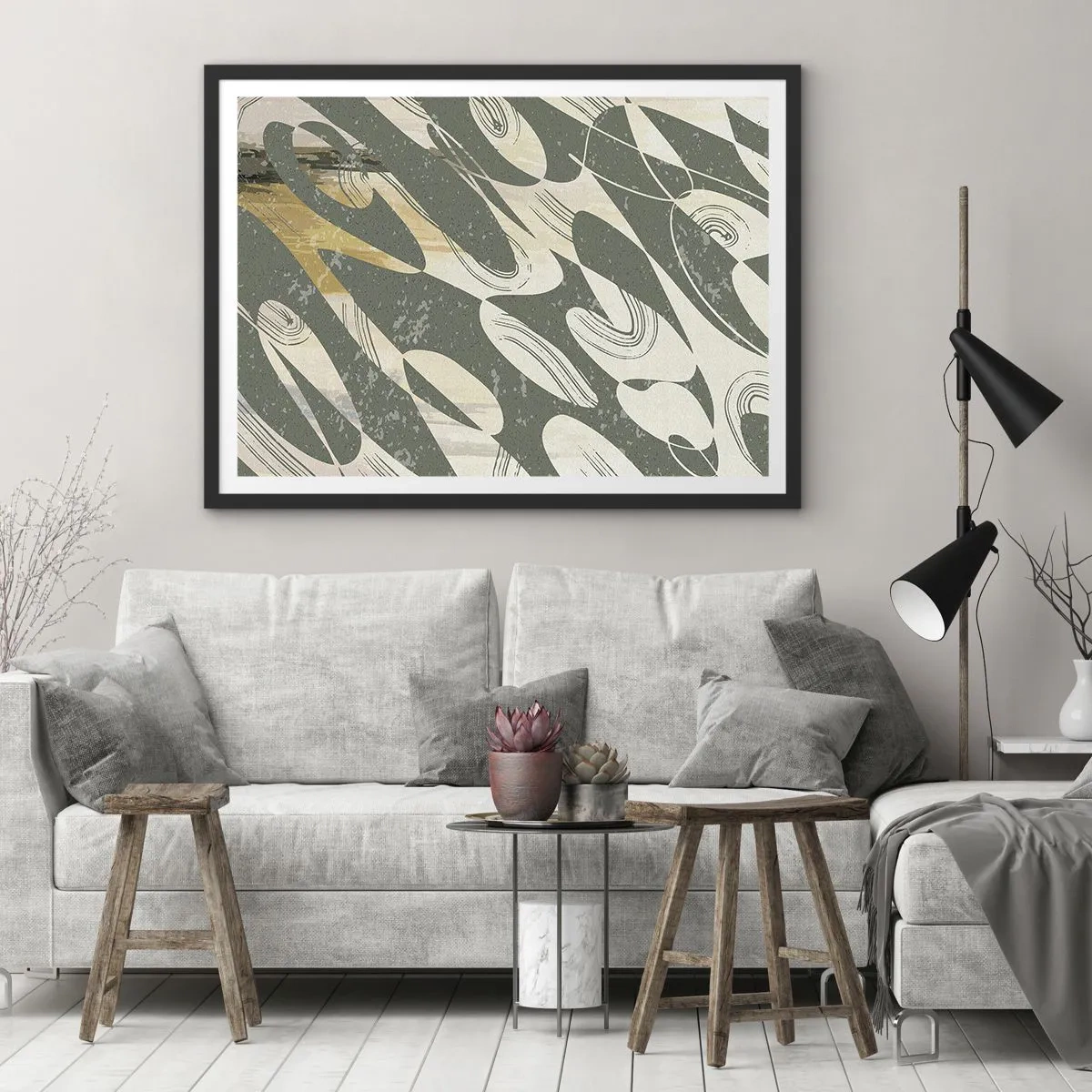 Póster en marco negro - Formas dinámicas en tonos verdes y dorados. - 70x50cm - Abstracción rítmica - Decoración de pared moderna para salón y dormitorio ARTTOR