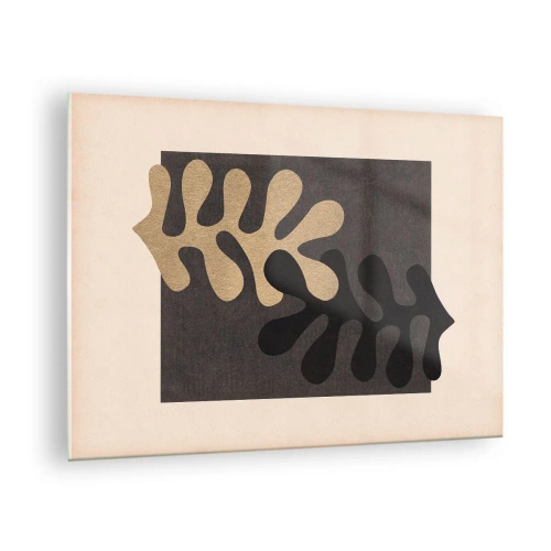 Cuadro sobre vidrio - Impresiones sobre Vidrio - Formas abstractas en negro y beige sobre un fondo geométrico. - 70x50cm - Ausencia y complemento - Decoración de pared moderna para salón y dormitorio ARTTOR