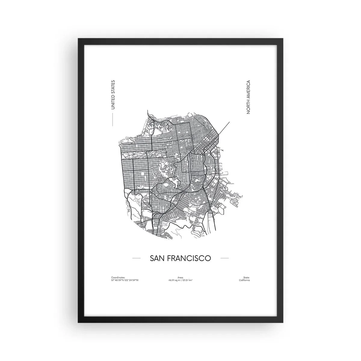 Póster en marco negro - Un mapa minimalista de San Francisco en blanco y negro. - 50x70cm - Anatomía de San Francisco - Decoración de pared moderna para salón y dormitorio ARTTOR