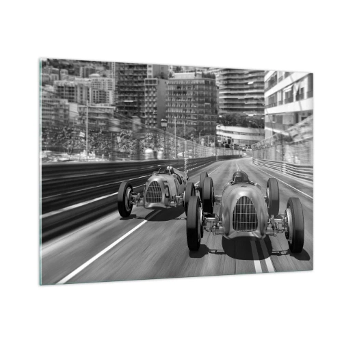 Cuadro sobre vidrio - Impresiones sobre Vidrio - Carrera de coches histórica en blanco y negro - 100x70cm - Érase una vez en Montecarlo - Decoración de pared moderna para salón y dormitorio ARTTOR