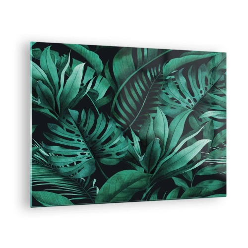 Cuadro sobre vidrio - Impresiones sobre Vidrio - Hojas verdes exuberantes en una composición tropical. - 70x50cm - Profundidad del verde tropical - Decoración de pared moderna para salón y dormitorio ARTTOR