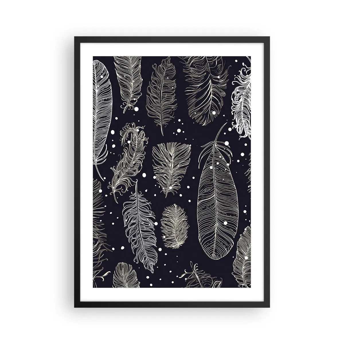 Póster en marco negro - Plumas blancas sobre un fondo negro en un elegante arreglo. - 50x70cm - Encaje de plumas - Decoración de pared moderna para salón y dormitorio ARTTOR