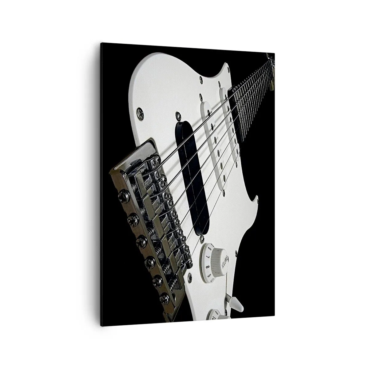 Cuadro sobre lienzo - Impresión de Imagen - Primer plano de una guitarra eléctrica blanca sobre fondo negro. - 70x100cm - Oculto en blanco está el sonido - Decoración de pared moderna para salón y dormitorio ARTTOR