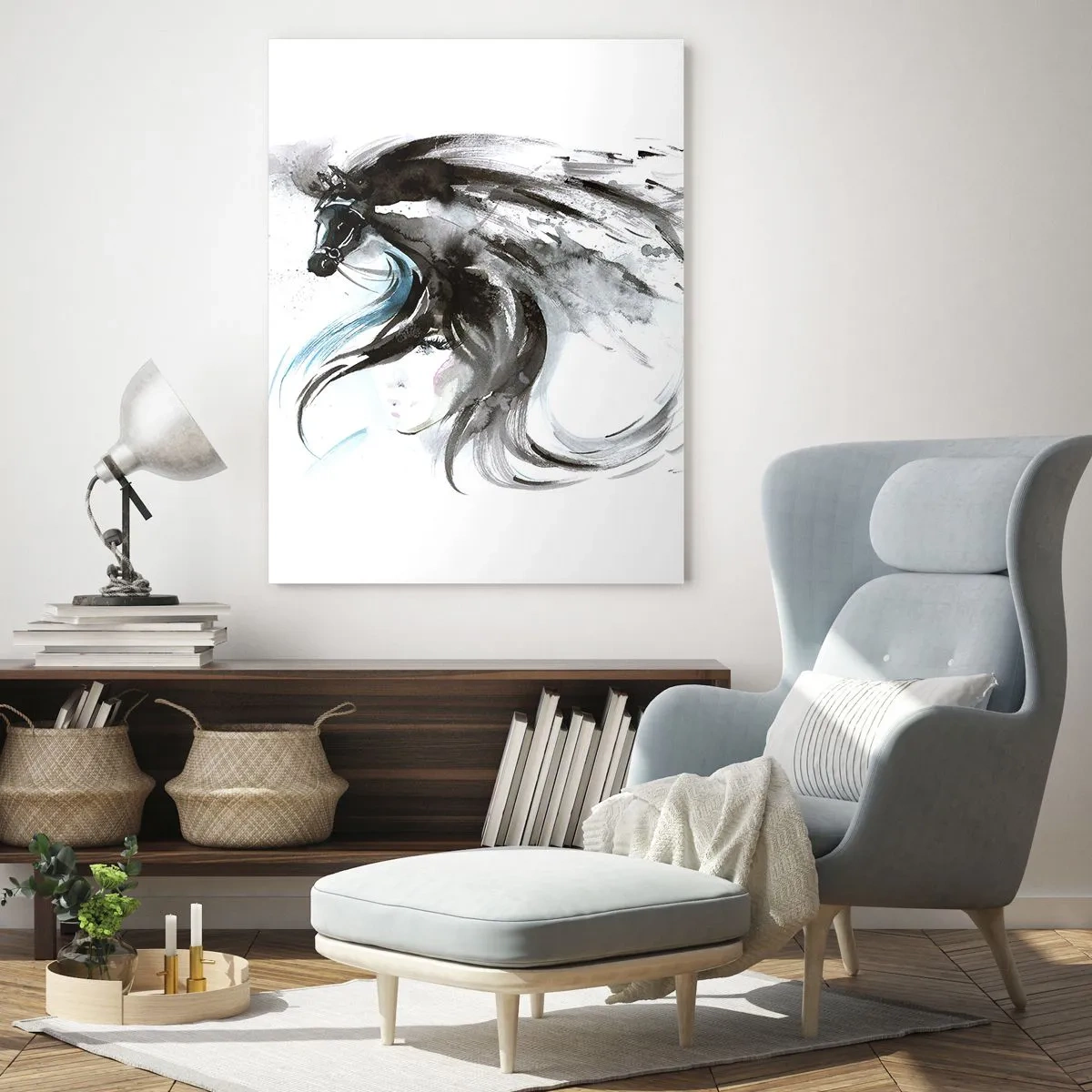Cuadro sobre vidrio - Impresiones sobre Vidrio - Retrato de una mujer y un caballo en una composición artística y dinámica. - 50x70cm - El galope del Príncipe Negro - Decoración de pared moderna para salón y dormitorio ARTTOR