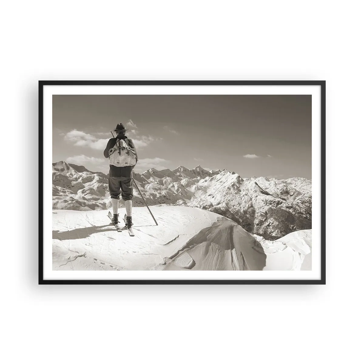 Póster en marco negro - Un esquiador en la cima de una montaña en blanco y negro. - 100x70cm - El techo del mundo - Decoración de pared moderna para salón y dormitorio ARTTOR