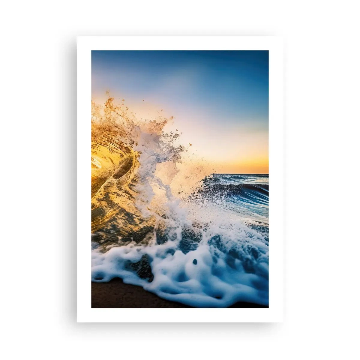 Póster - Una ola de mar dinámica rompiendo en la orilla al atardecer. - 50x70cm - Jugando en la arena - Decoración de pared moderna para salón y dormitorio ARTTOR