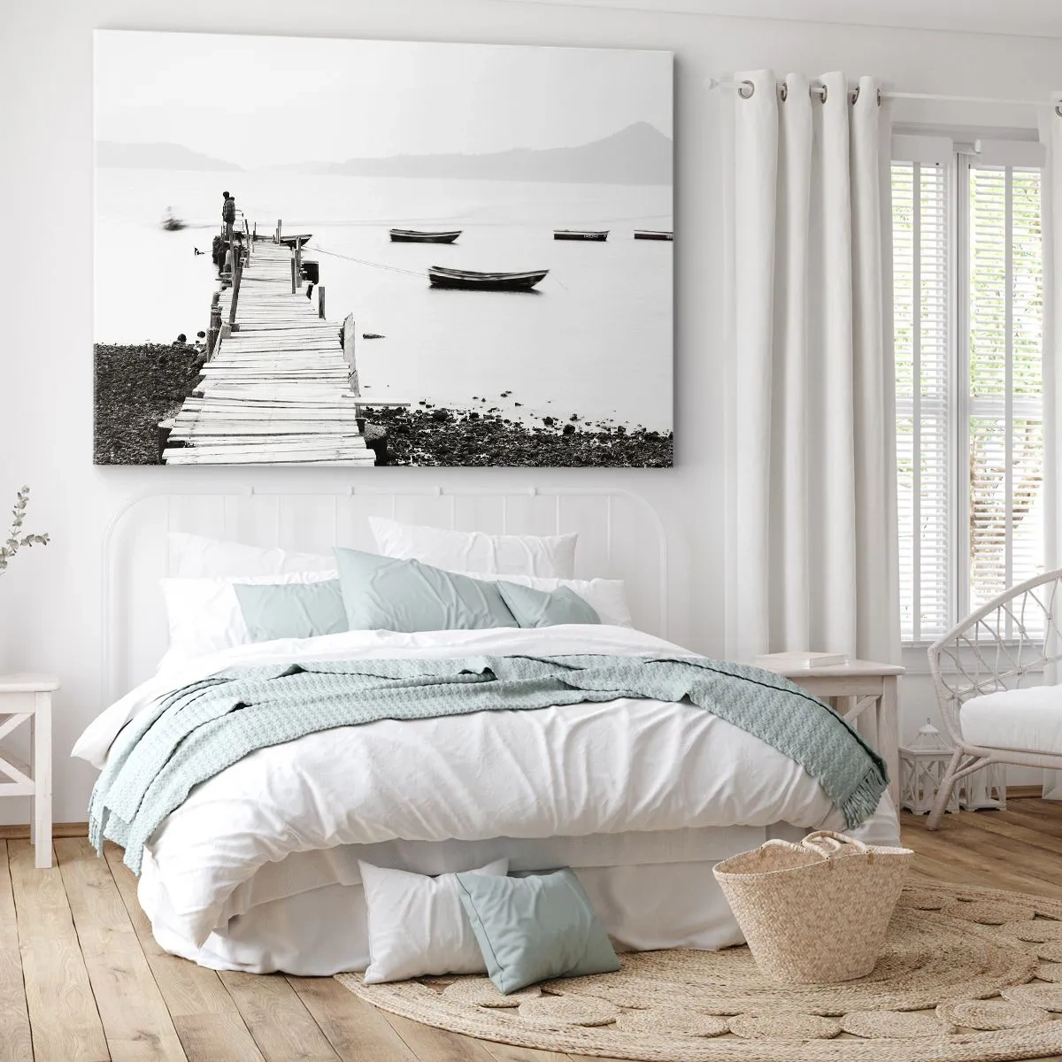 Cuadro sobre lienzo - Impresión de Imagen - Muelle de madera y barcos en aguas tranquilas - 120x80cm - Junto al agua tranquila y clara - Decoración de pared moderna para salón y dormitorio ARTTOR