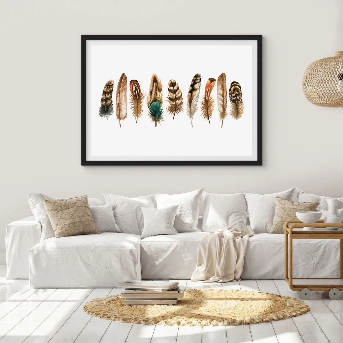 Póster en marco negro - Motivo decorativo de una colección de varias plumas. - 100x70cm - Estudio de plumas - Decoración de pared moderna para salón y dormitorio ARTTOR