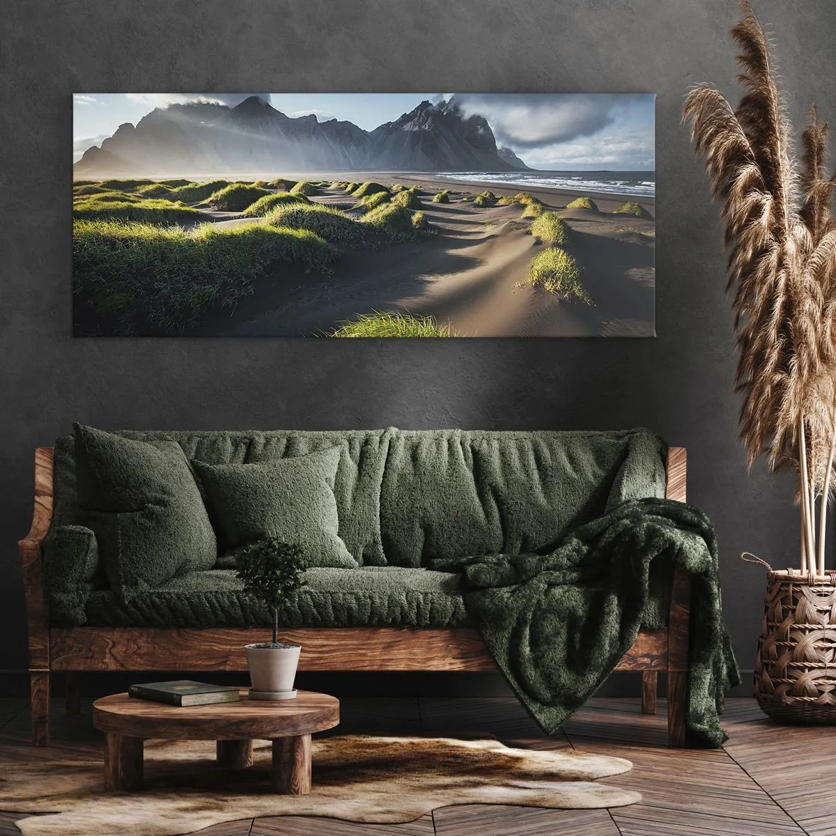 Cuadro sobre lienzo - Impresión de Imagen - Dunas verdes con fondo de montañas bajo un cielo azul - 160x50cm - Armonía de los elementos - Decoración de pared moderna para salón y dormitorio ARTTOR