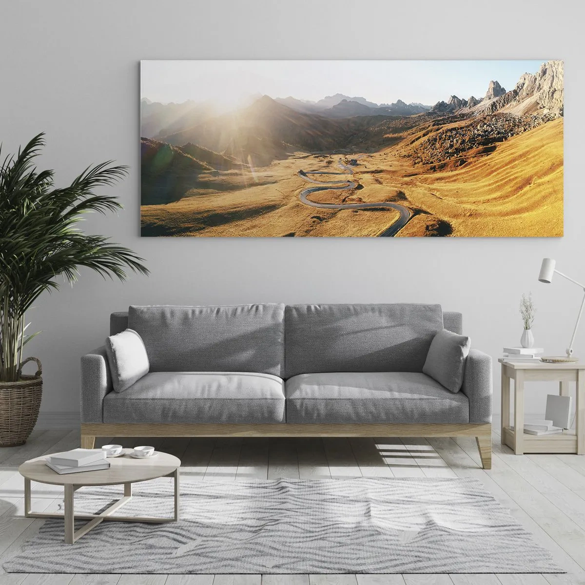 Cuadro sobre vidrio - Impresiones sobre Vidrio - Un camino sinuoso en las montañas iluminado por el sol poniente. - 120x50cm - En un valle dorado - Decoración de pared moderna para salón y dormitorio ARTTOR