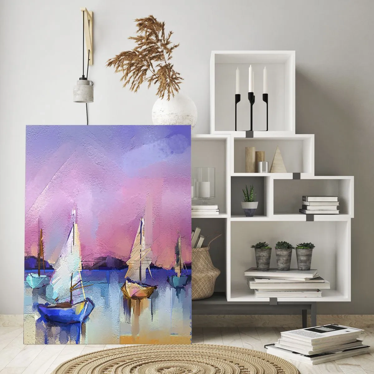 Cuadro sobre vidrio - Impresiones sobre Vidrio - Marina abstracta con veleros al atardecer - 50x70cm - Dirección alta mar - Decoración de pared moderna para salón y dormitorio ARTTOR