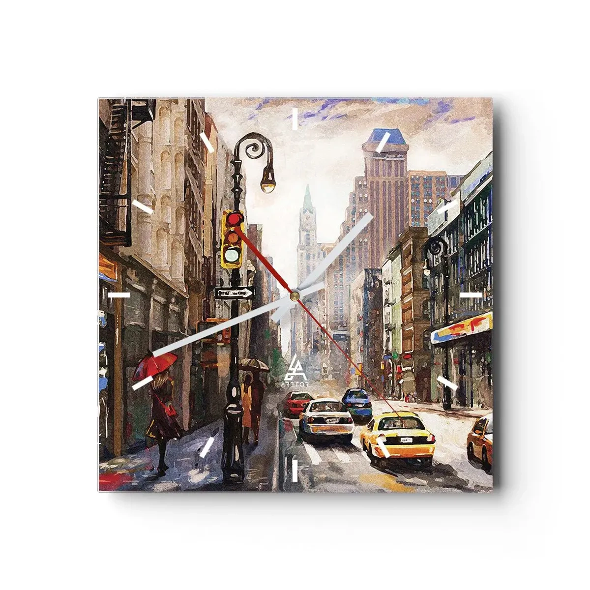 Reloj de pared - Reloj de vidrio - Paisaje urbano con una calle y taxis amarillos - 30x30cm - Nueva York - también colorida bajo la lluvia - Decoración de pared moderna para salón y dormitorio ARTTOR