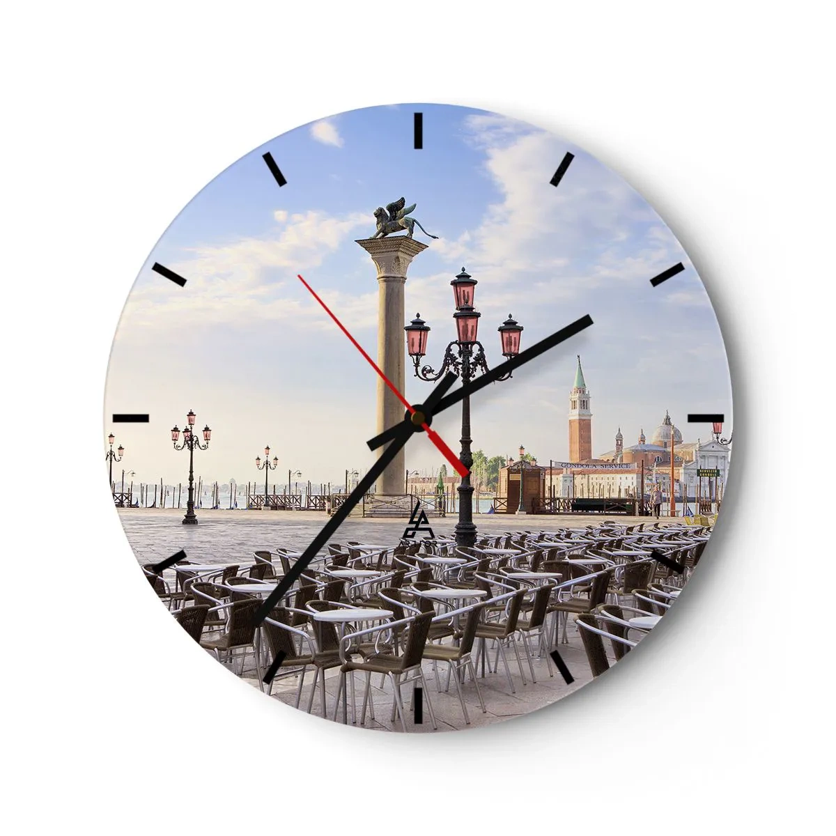 Reloj de pared - Reloj de vidrio - Plaza veneciana con faroles y vista de la torre al fondo - 30x30cm - Vamos, todo está listo - Decoración de pared moderna para salón, cocina y dormitorio ARTTOR