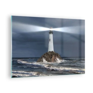 Cuadro sobre vidrio - Impresiones sobre Vidrio - Un faro en una roca en medio de las fuertes olas de la noche. - 70x50cm - ¡Aquí... aquí... aquí! - Decoración de pared moderna para salón y dormitorio ARTTOR