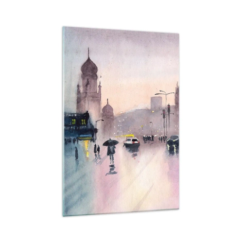 Cuadro sobre vidrio - Impresiones sobre Vidrio - Una calle de la ciudad al anochecer en estilo acuarela. - 70x100cm - En una niebla lluviosa - Decoración de pared moderna para salón y dormitorio ARTTOR
