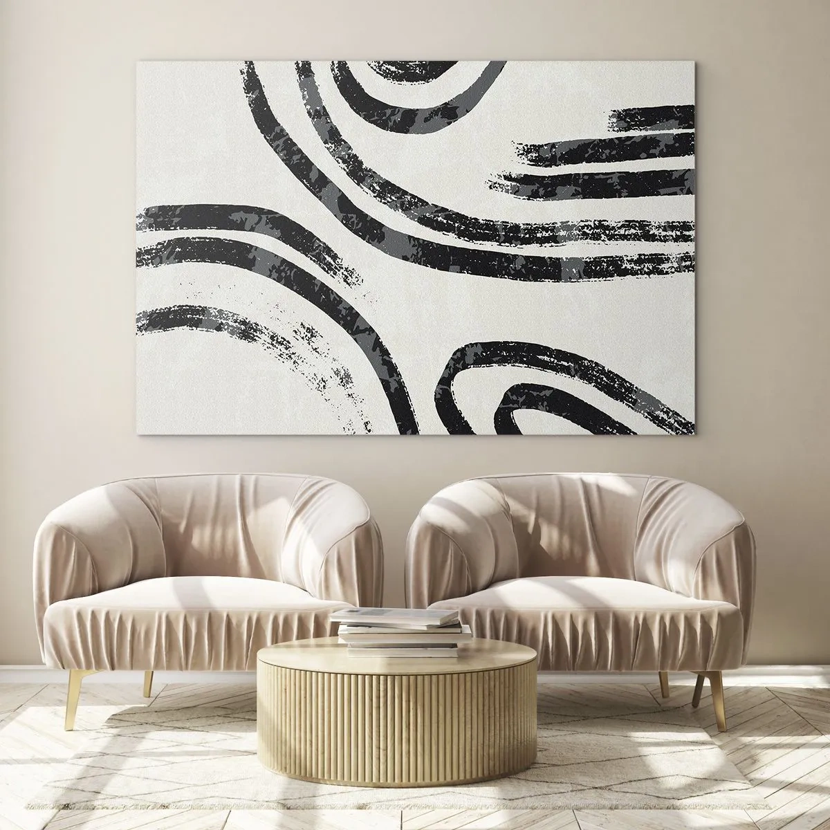 Cuadro sobre vidrio - Impresiones sobre Vidrio - Líneas semicirculares negras en una abstracción minimalista sobre un fondo claro. - 100x70cm - A medias - Decoración de pared moderna para salón y dormitorio ARTTOR