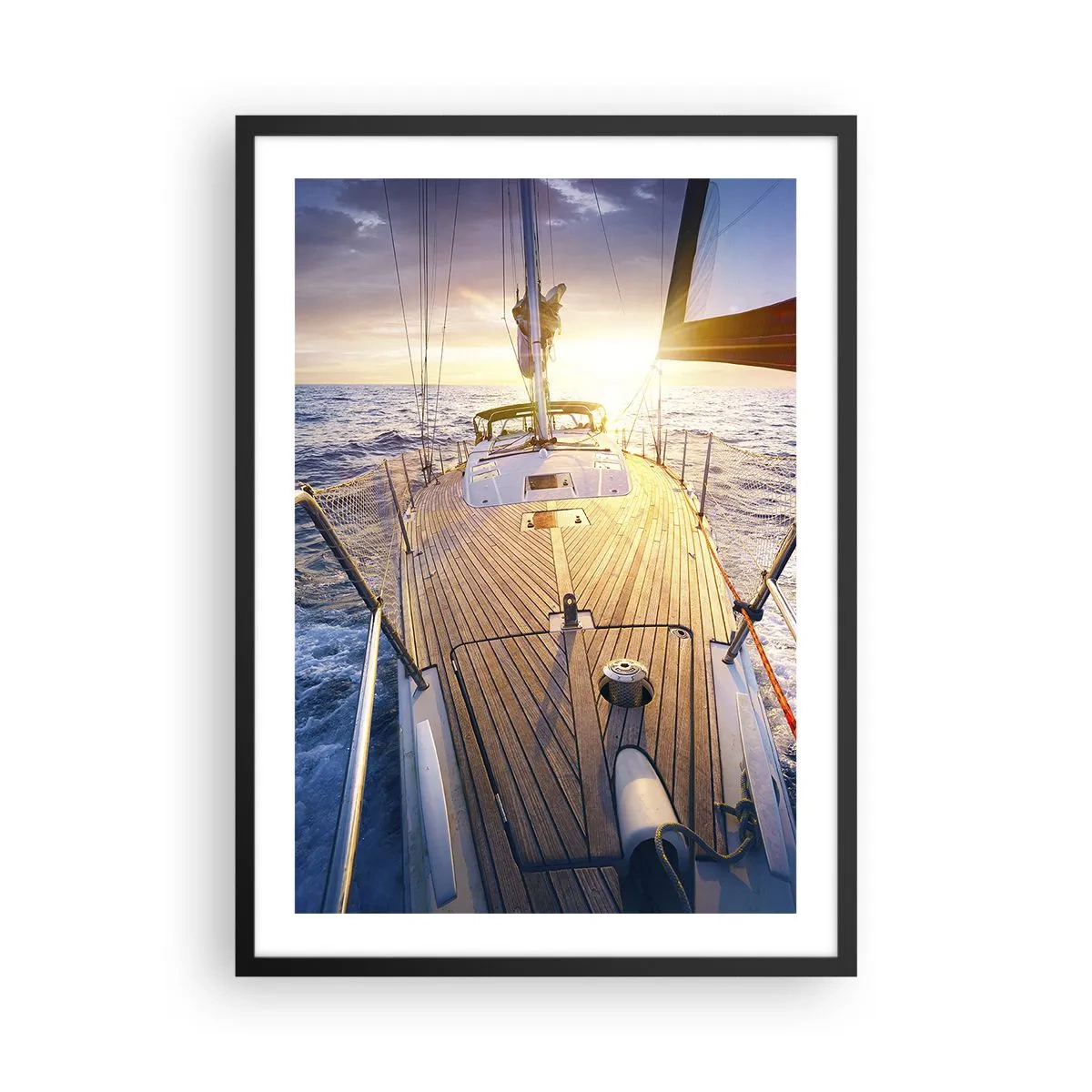 Póster en marco negro - Cubierta de yates con vistas al océano y al atardecer. - 50x70cm - Corriendo sobre las olas - Decoración de pared moderna para salón y dormitorio ARTTOR
