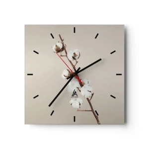 Reloj de pared - Reloj de vidrio - Una ramita de algodón sobre un fondo beige. - 30x30cm - En la fuente de la suavidad - Decoración de pared moderna para salón y dormitorio ARTTOR