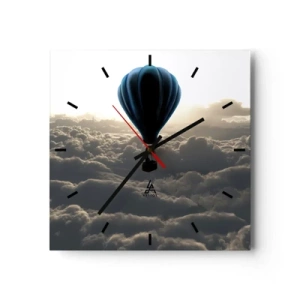 Reloj de pared - Reloj de vidrio - Un globo aerostático contra un cielo con nubes al atardecer. - 30x30cm - Un viajero por encima de las nubes - Decoración de pared moderna para salón y dormitorio ARTTOR