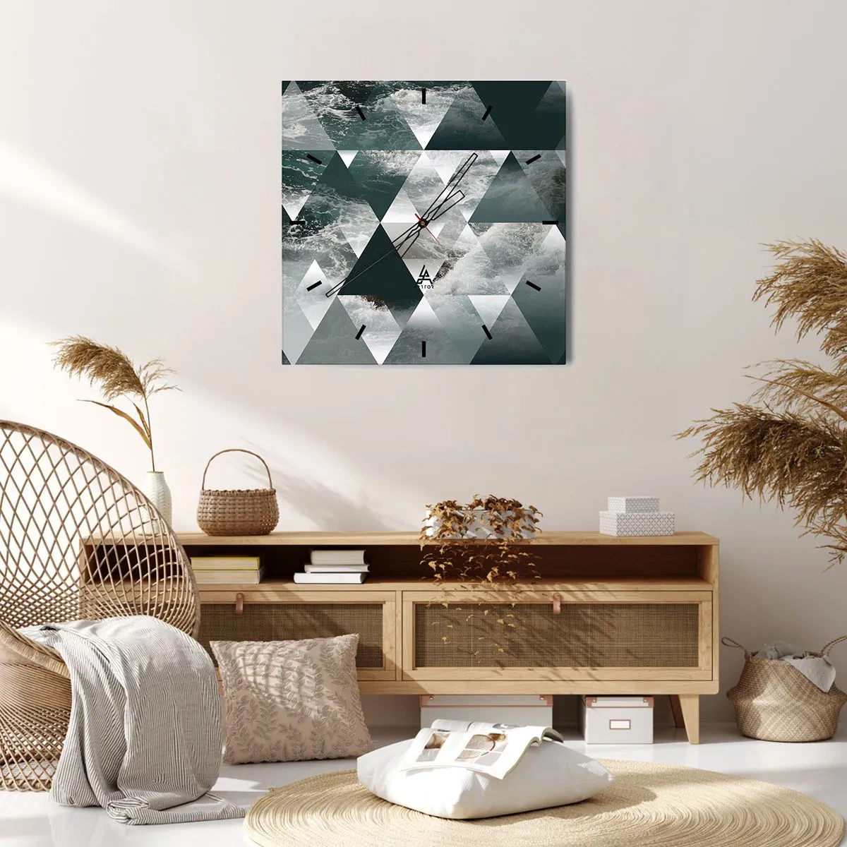Reloj de pared - Reloj de vidrio - Patrón geométrico con motivo de ondas en tonos verdes. - 30x30cm - Una perspectiva de cristal - Decoración de pared moderna para salón y dormitorio ARTTOR