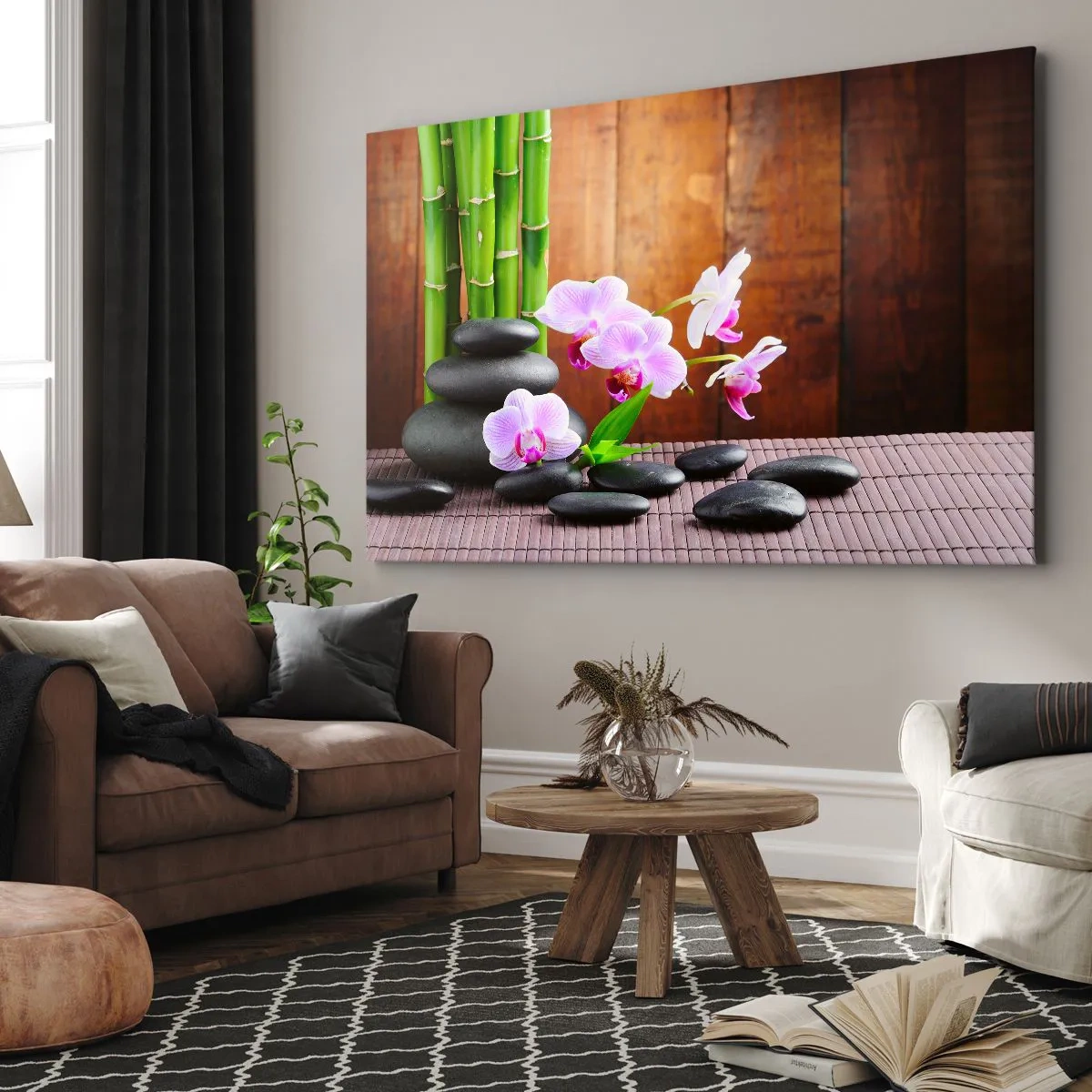 Cuadro sobre lienzo - Impresión de Imagen - Bambú de estilo zen, piedras y orquídeas rosas sobre un fondo de madera. - 120x80cm - Experimente los placeres de Oriente - Decoración de pared moderna para salón y dormitorio ARTTOR