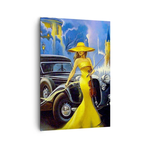 Cuadro sobre lienzo - Impresión de Imagen - Una mujer con un vestido amarillo con un violín junto a un coche retro. - 70x100cm - Noche de violín y pasión - Decoración de pared moderna para salón y dormitorio ARTTOR
